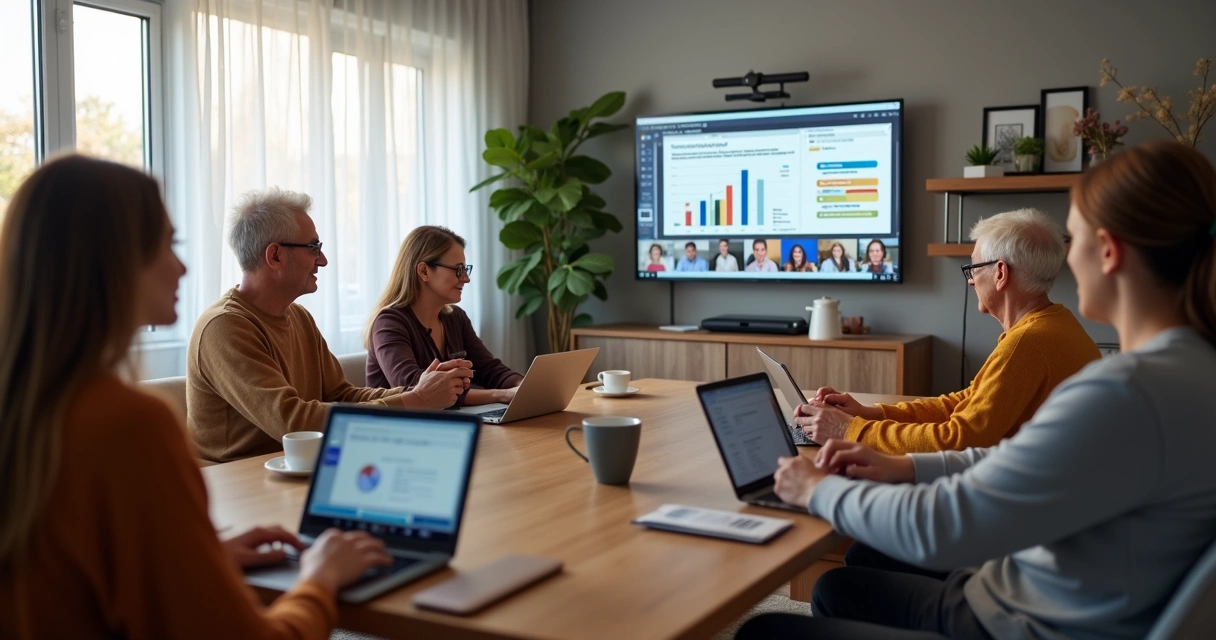 Assembleia virtual de condomínio com moradores e síndico usando notebook 
