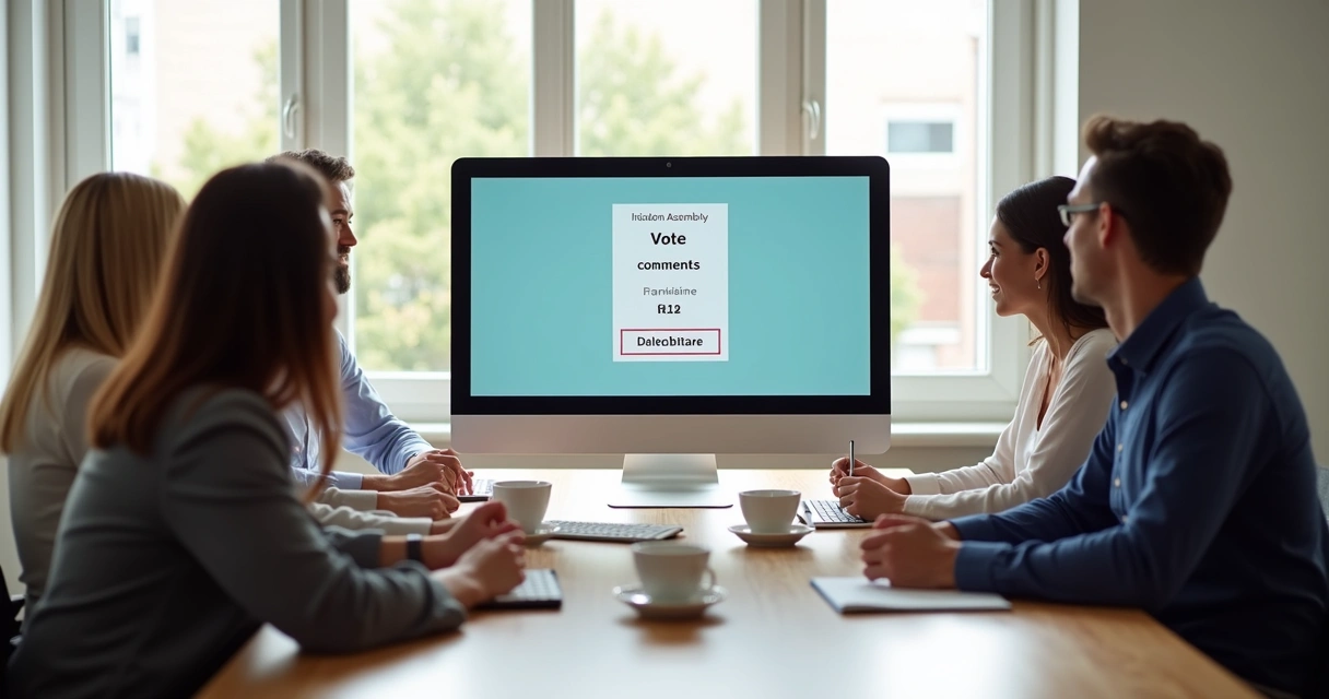Tela de computador mostrando votação digital em assembleia condomínio 