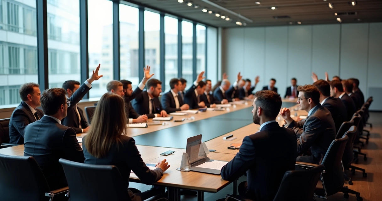 Assembleia de acionistas votando em reunião empresarial 