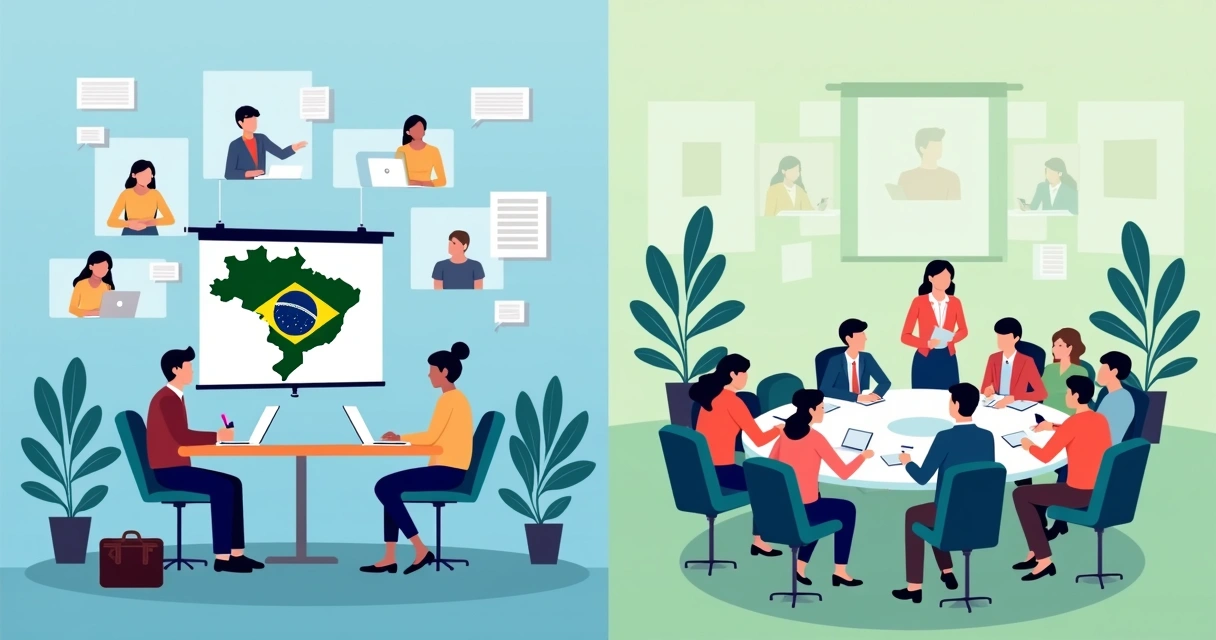 Ilustração de uma assembleia digital e um evento presencial lado a lado
