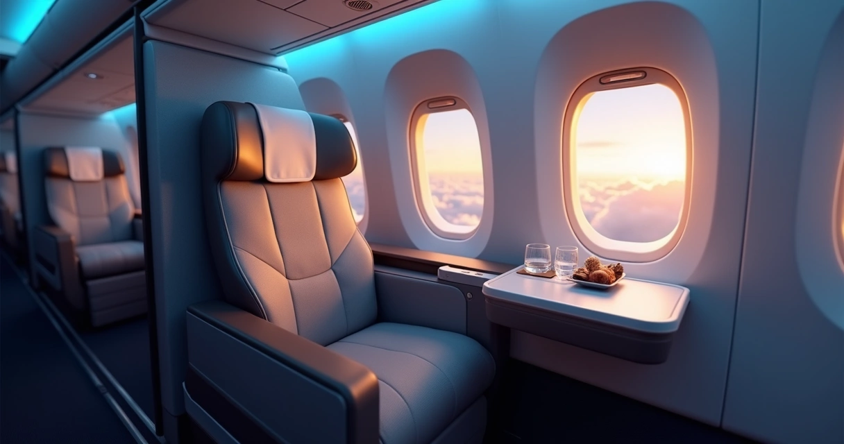 Cabine executiva de avião com poltrona reclinável e janela iluminada