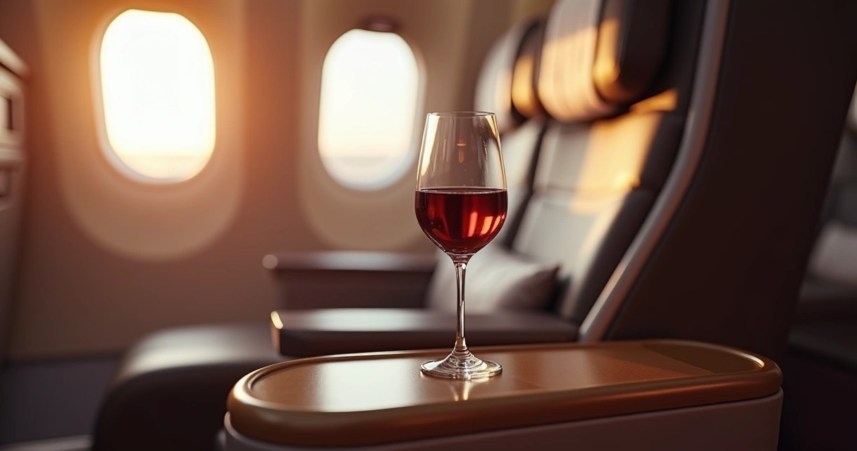 Assento confortável de classe executiva com copo de vinho e janela de avião ao fundo 