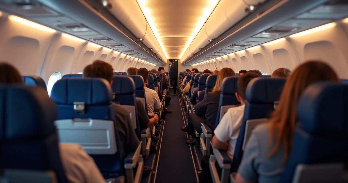 Assentos de avião lotados, visão lateral do corredor 