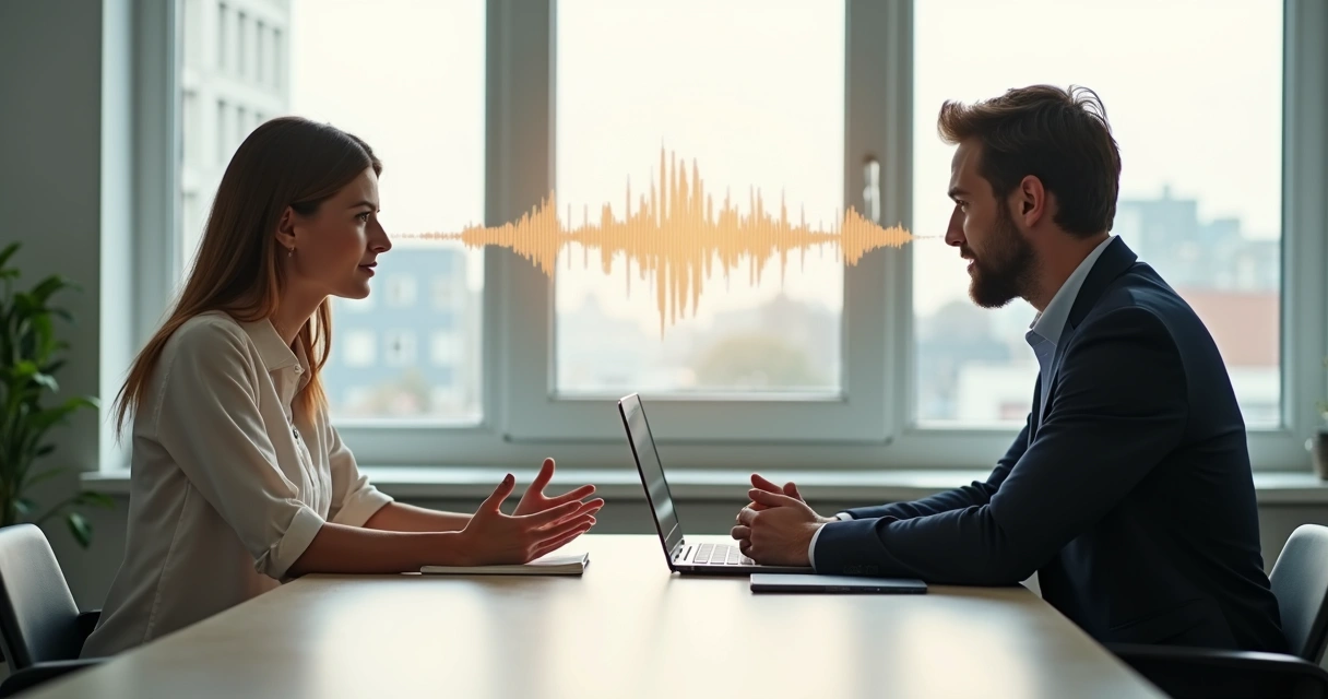Two colleagues talking at an office desk separated by a transparent soundwave line 
