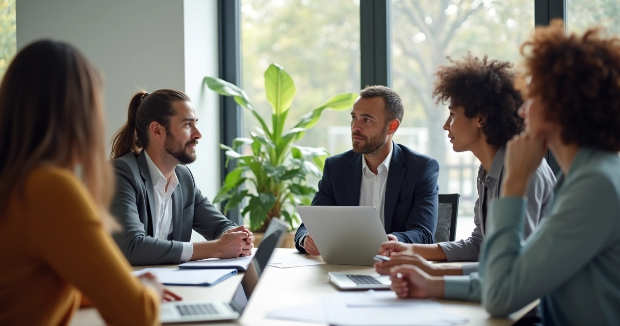 Coworkers discussing ideas in a modern office meeting room