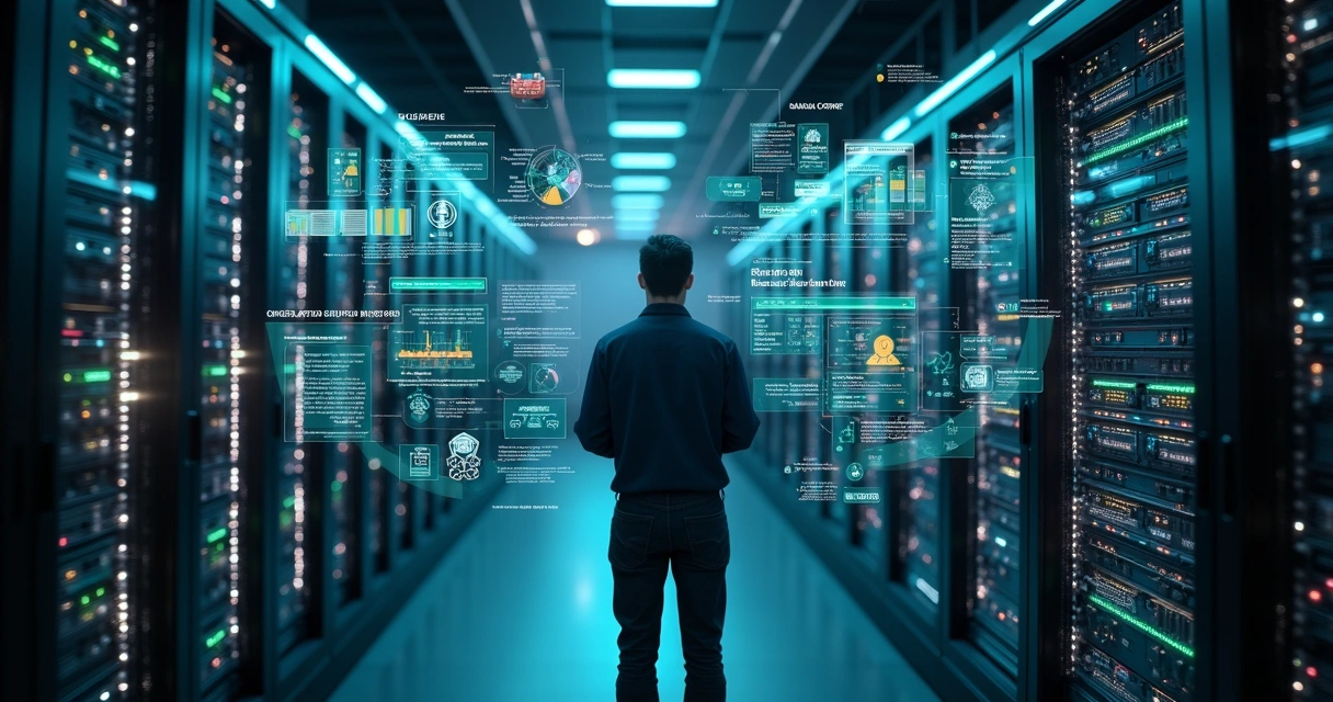 Profissional de TI analisando um servidor aberto com visualização virtual de diagnóstico de sistemas ao redor 
