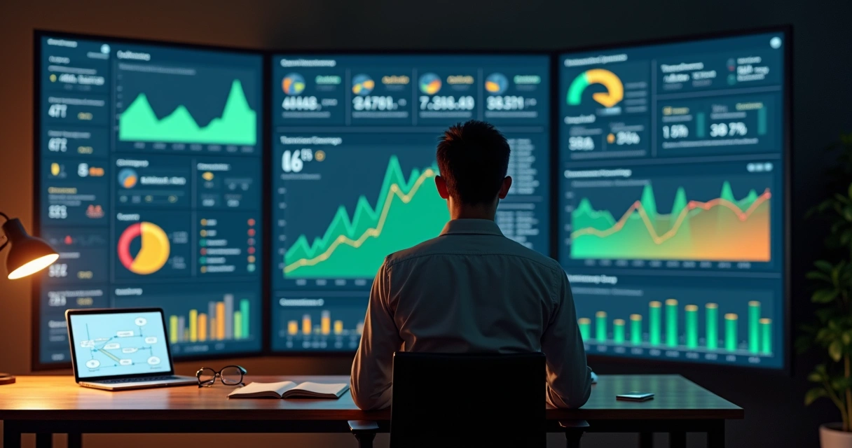 Gestor de TI analisando grande painel de controle com indicadores e riscos de tecnologia 