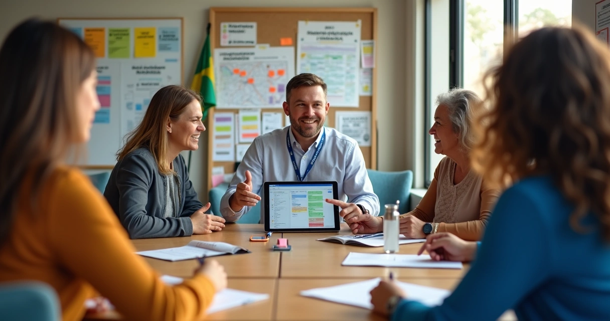 Assessor político em reunião com lideranças comunitárias usando tablet para organizar demandas 