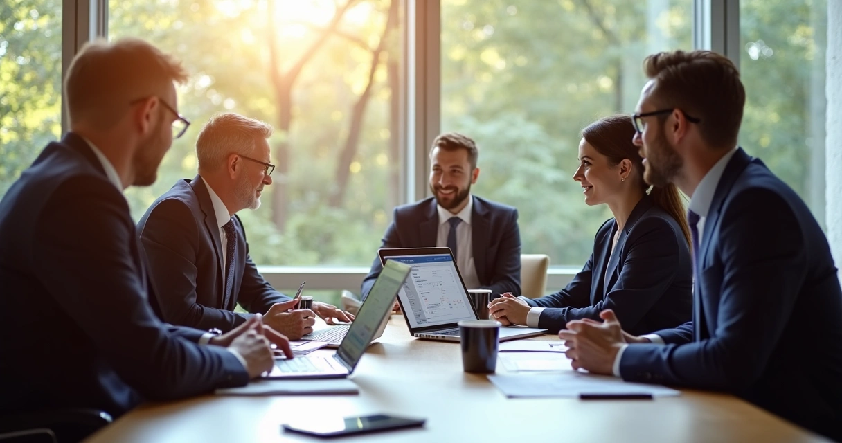 Reunião de equipe política com assessor utilizando notebook