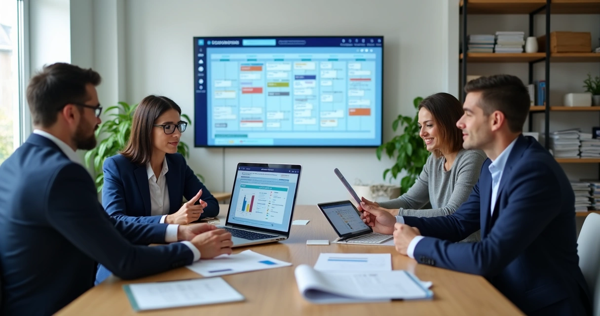 Assessor político organiza agenda em laptop com equipe e eleitor em reunião 