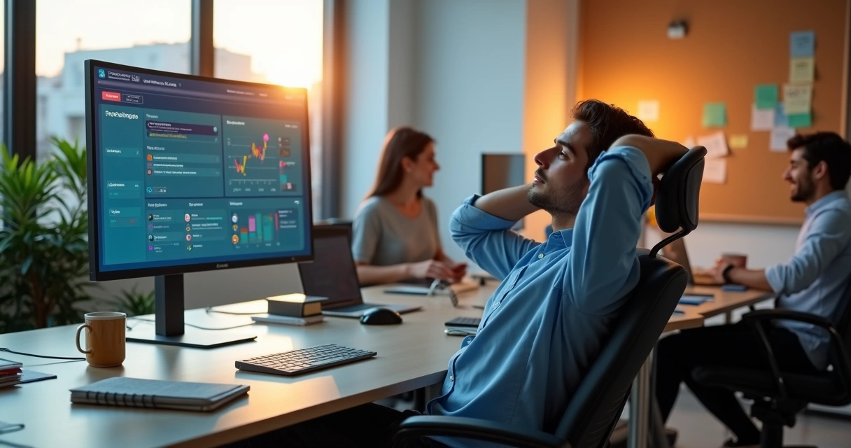 Assessor político relaxado em escritório enquanto painel digital organiza tarefas sozinho 