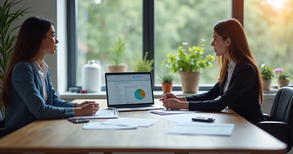 Mesa de trabalho moderna com laptop aberto mostrando gráficos e documentos, dois profissionais discutindo estratégias de imprensa e comunicação 