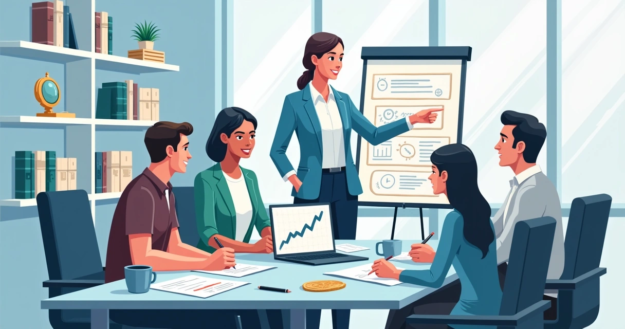 Escritório moderno com investidores discutindo estratégia de investimento e assessor mostrando gráfico de mercado.