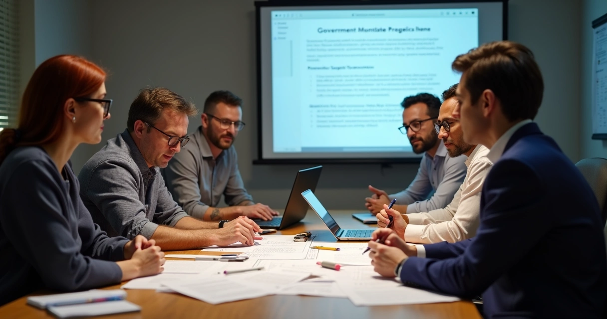 Equipe reunida discutindo documentos de licitação em ambiente de escritório