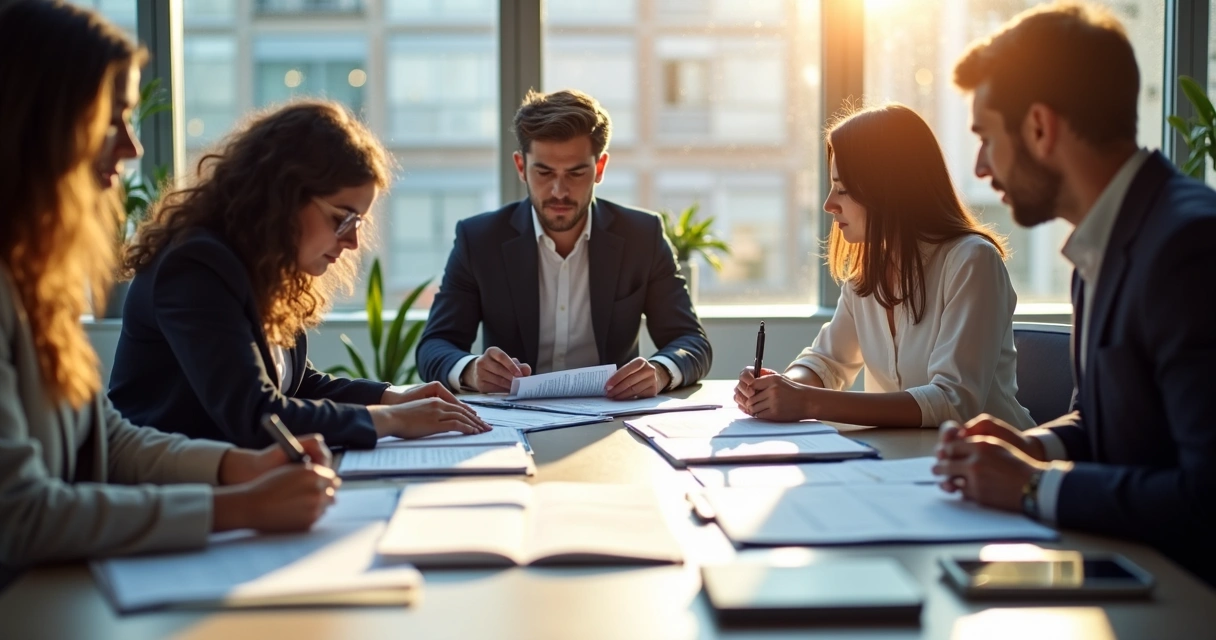 Equipe de assessoria em licitações analisando editais e documentos na mesa