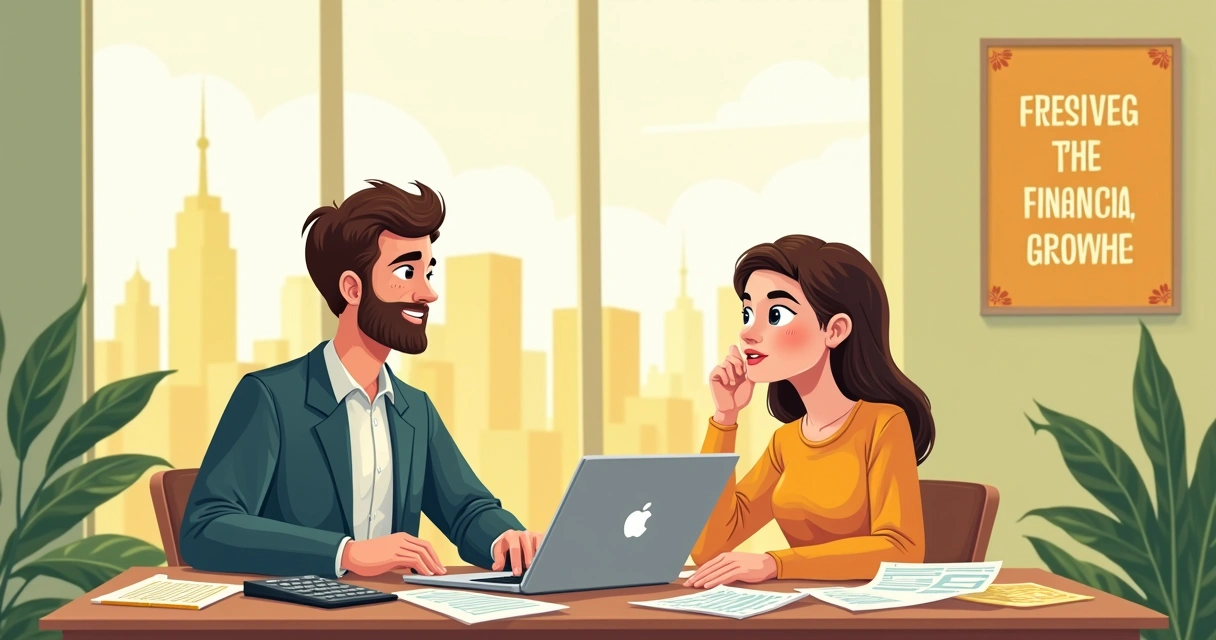 Ilustração de um consultor financeiro explicando estratégias a um cliente em um ambiente ensolarado.