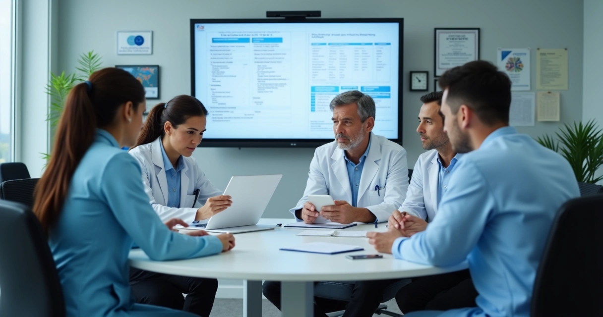 Equipe reunida discutindo documentação médica em reunião sobre gestão de risco