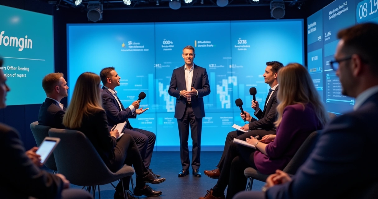 Profissionais de imprensa entrevistando um porta-voz de fintech em evento econômico 