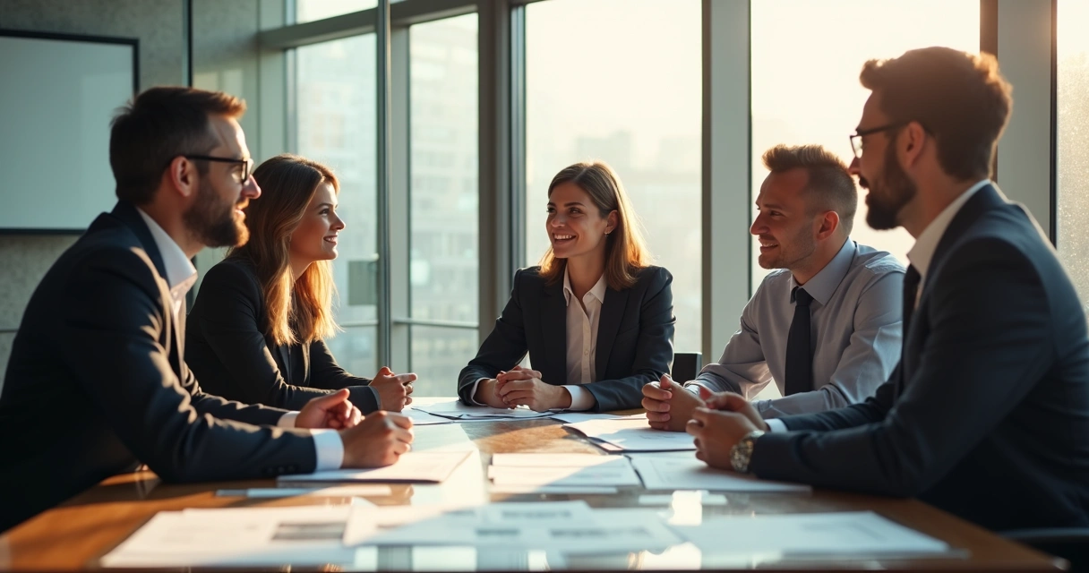 Equipe de assessores conversando com cliente em mesa de reunião. 