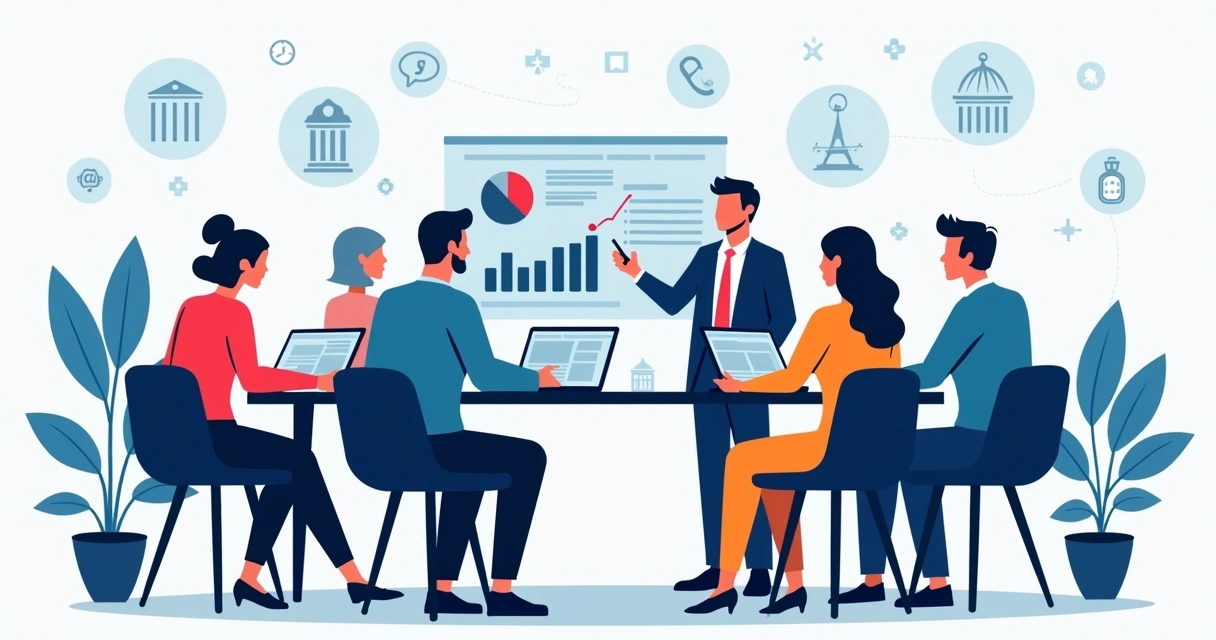 Equipe de assessoria política realizando reunião com relatórios e dispositivos digitais na mesa