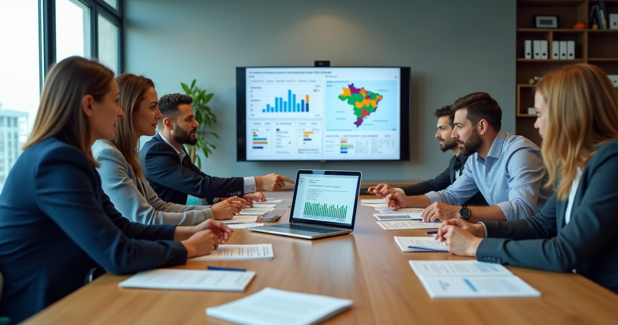 Equipe política usando sistema digital em notebook para gestão de base eleitoral 