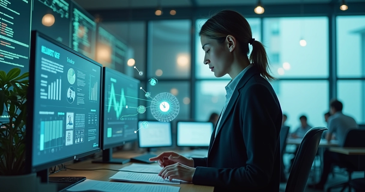 Profissional de comunicação em frente a telas com releases e gráficos 