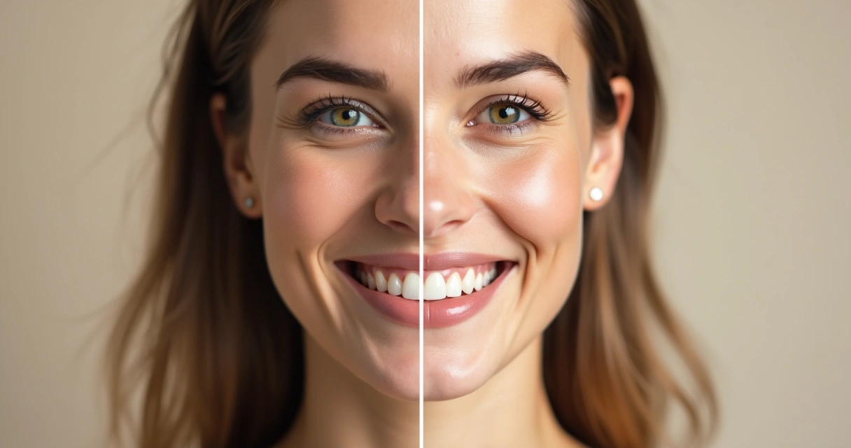 Rosto feminino com divisão mostrando sorriso desalinhado e alinhado 