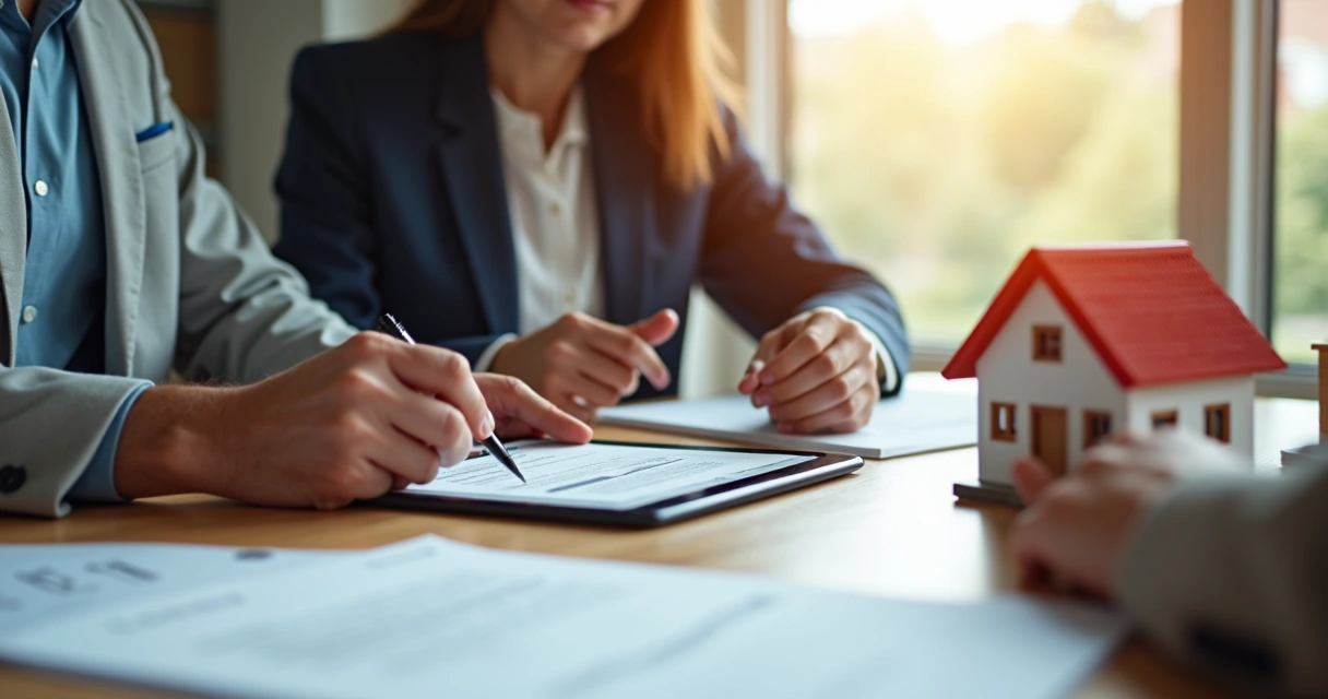 Corretor e cliente assinando contrato digital em tablet sobre mesa 