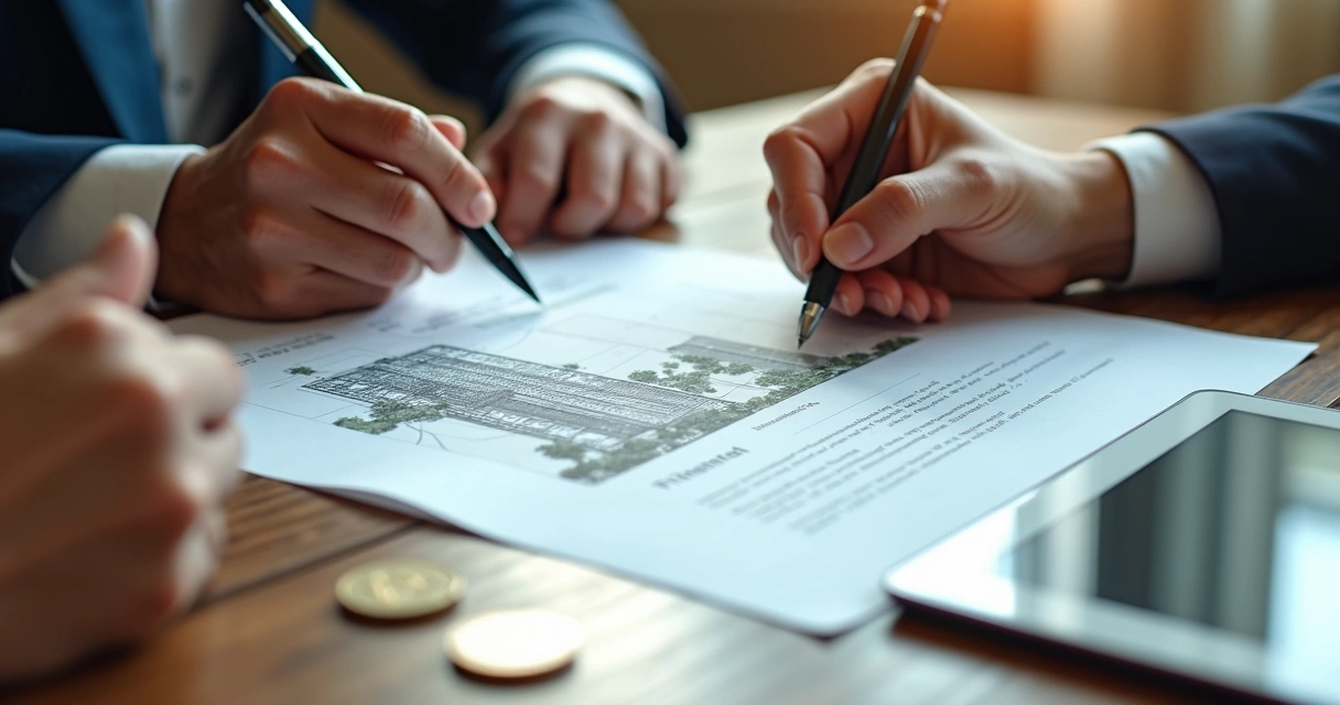 Mãos de investidores assinando contrato de SPE para empreendimento imobiliário