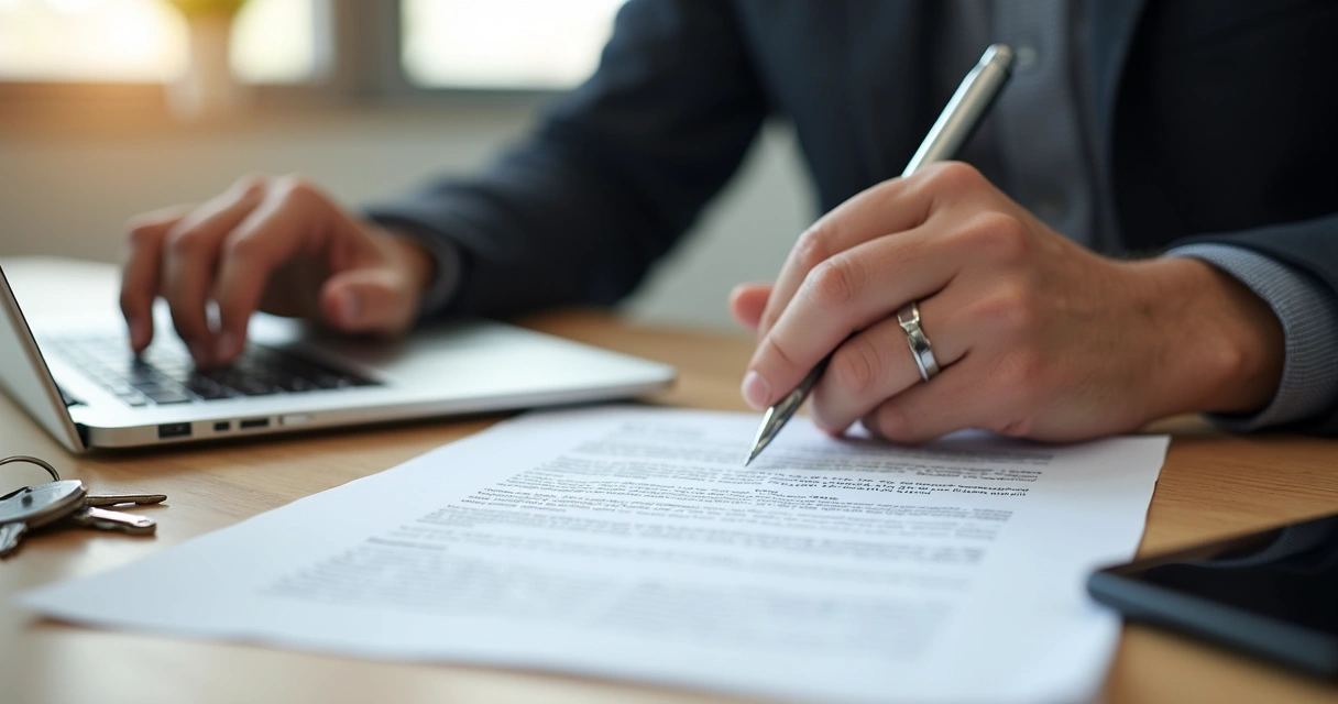 Pessoa usando notebook preenchendo contrato de locação de imóvel 