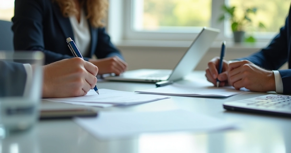Duas pessoas assinando contrato numa mesa de reunião.