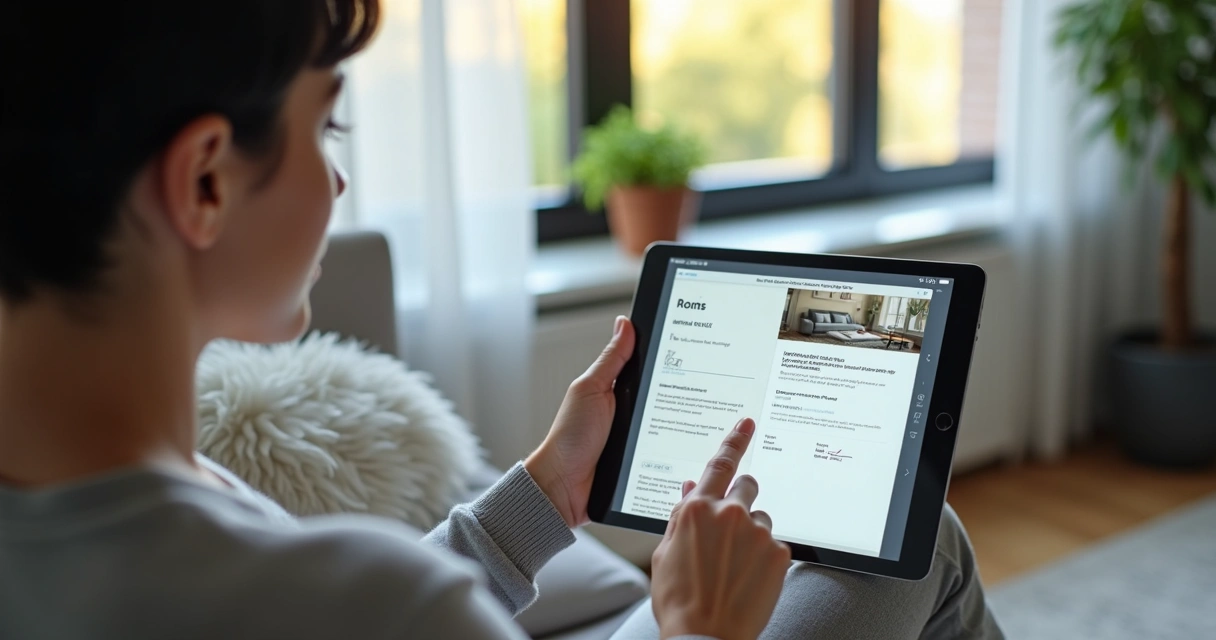 Cliente assinando vistoria digital em tablet no imóvel