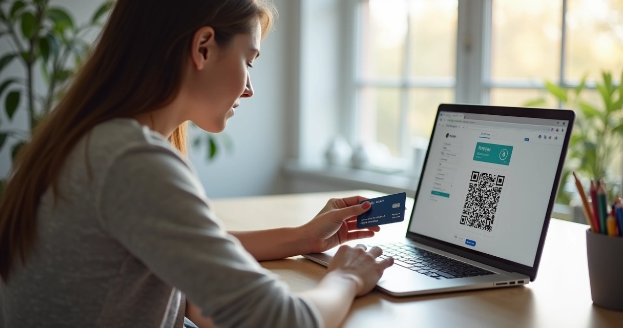 Pessoa faz pagamento online usando cartão e Pix na frente do computador 