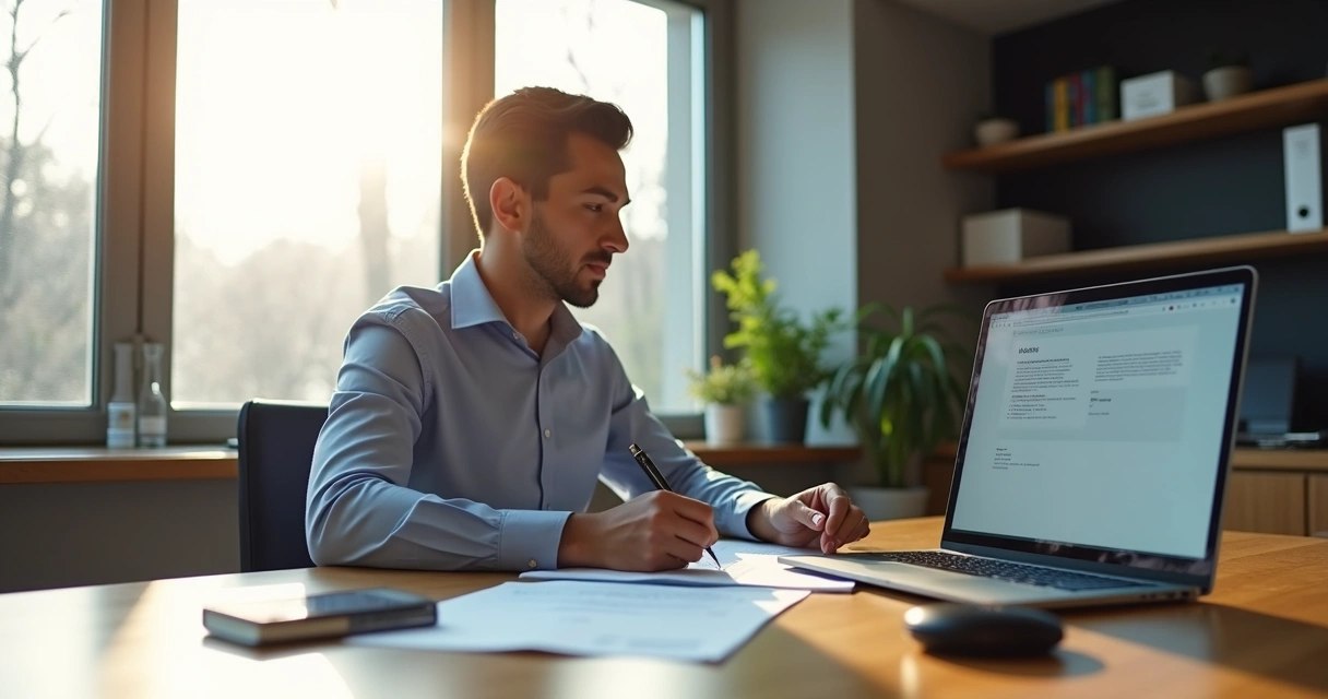 Executivo assinando contrato digital em notebook, escritório claro ao fundo