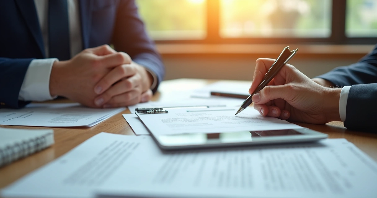 Advogados analisando contrato com destaque para assinatura digital 