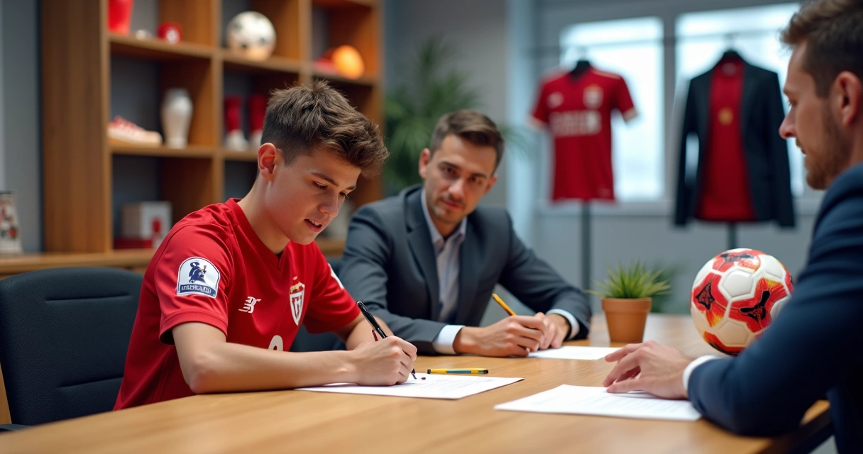 Jovem assinando contrato em clube de futebol com dirigentes ao redor 