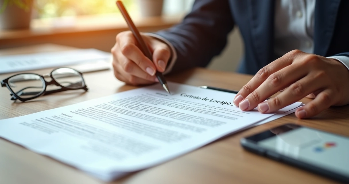 Pessoa assinando contrato de locação sobre mesa com caneta e documentos ao redor 