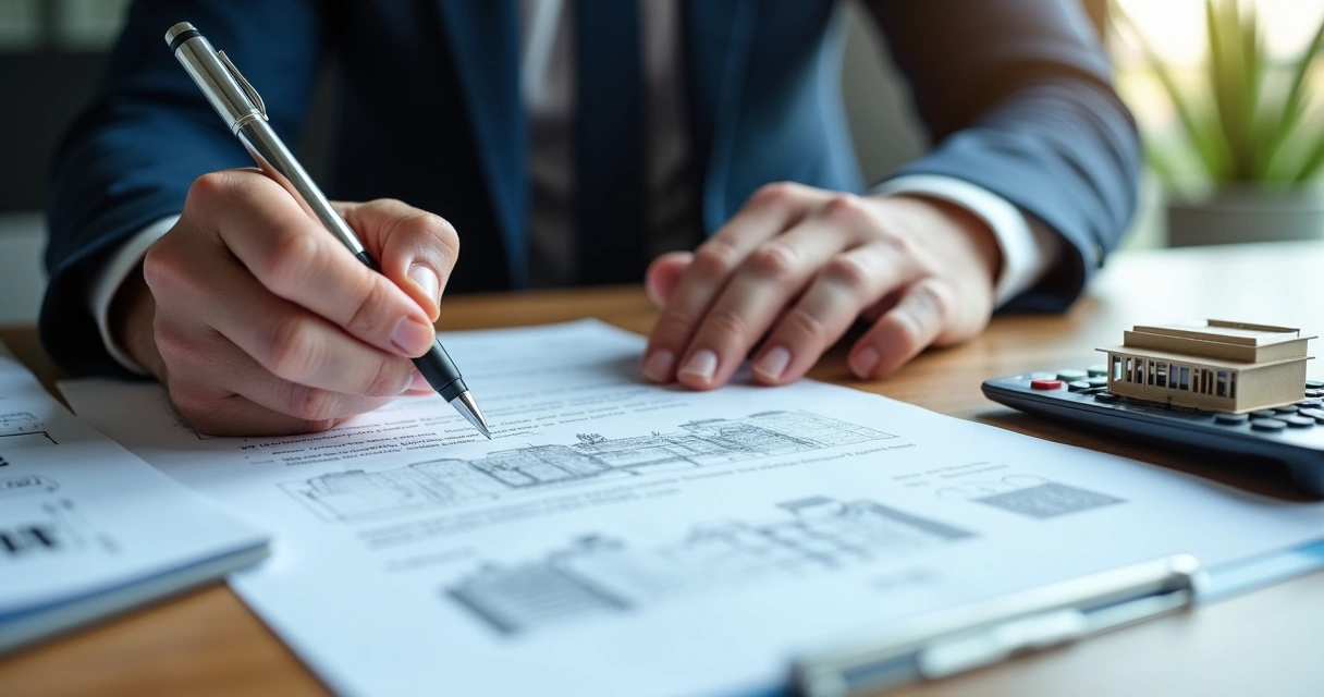 Homem analisa contrato de locação comercial na mesa de escritório. 