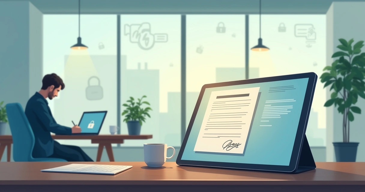 Ambiente de escritório moderno com uma assinatura eletrônica em uma mesa de trabalho, simbolizando segurança e validade.
