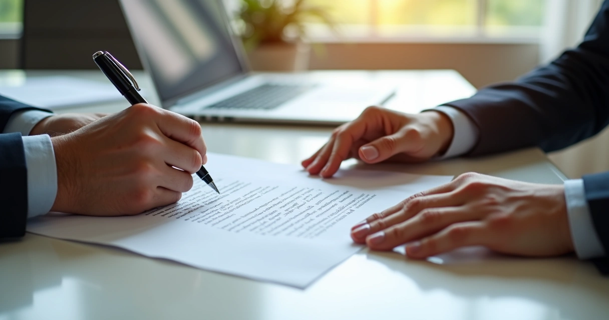 Duas mãos assinando contrato com laptops ao fundo 
