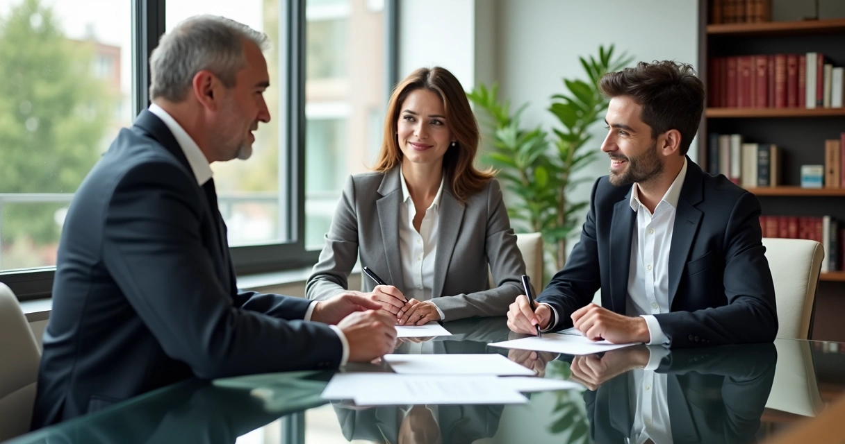 Casal e advogado assinando acordo de divórcio consensual 