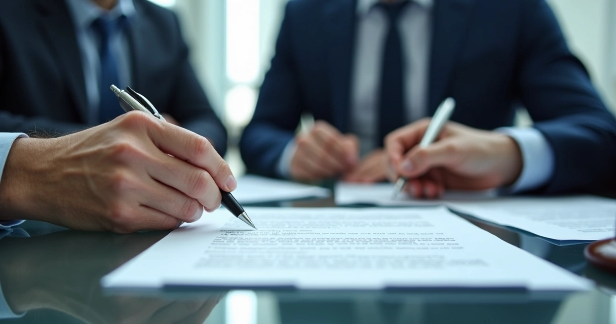 Assinatura de documento de acordo em mesa com fundo corporativo