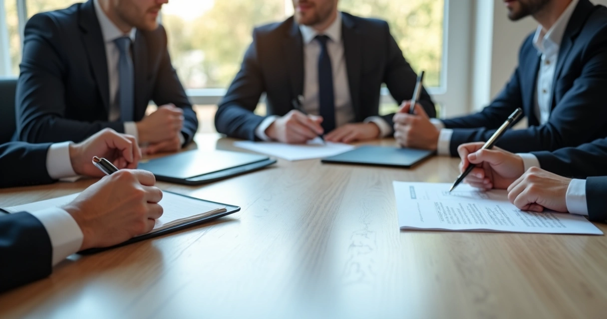 Pessoa assinando acordo societário ao lado de outros sócios na mesa 