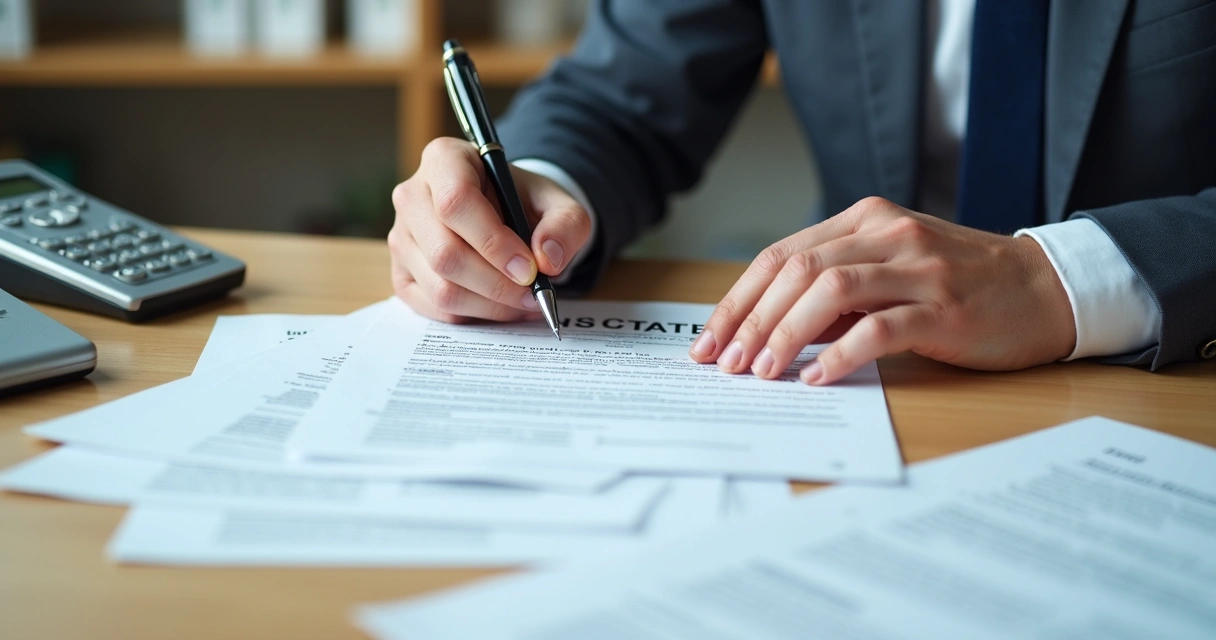 Mãos de pessoa assinando termo aditivo de contrato em mesa, com documentos e caneta. 