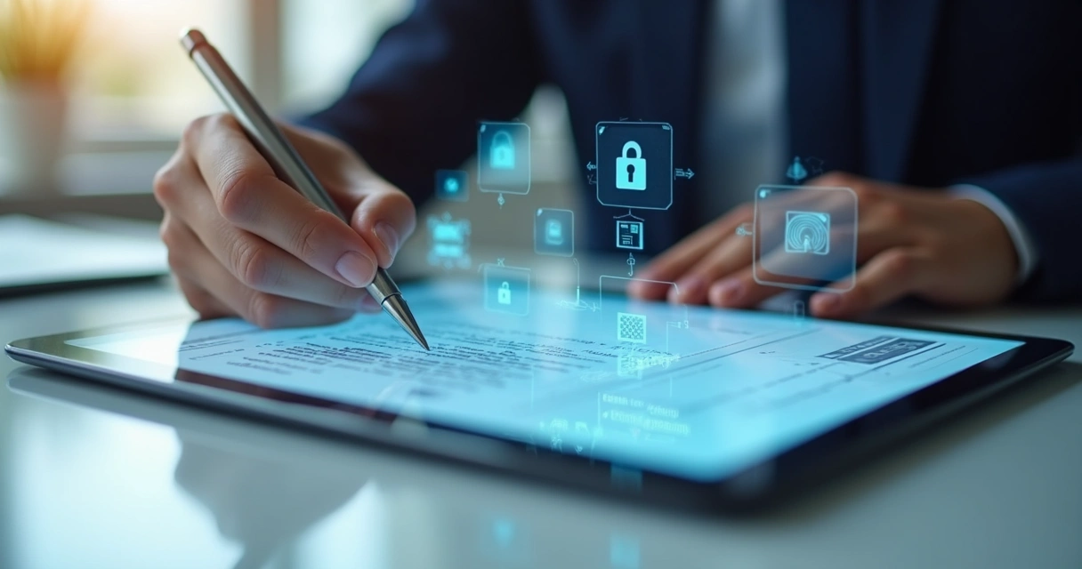 Mão assinando digitalmente contrato em tablet com biometria e ícones de segurança 