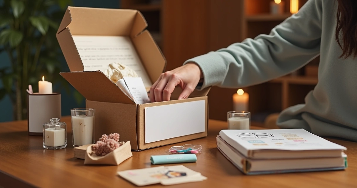 Caixa de clube de assinatura com produtos variados ao redor