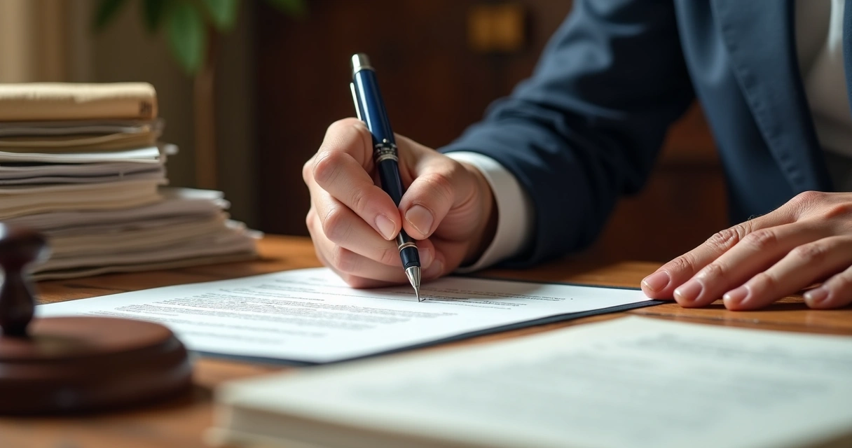 Pessoa assinando documento em cartório 