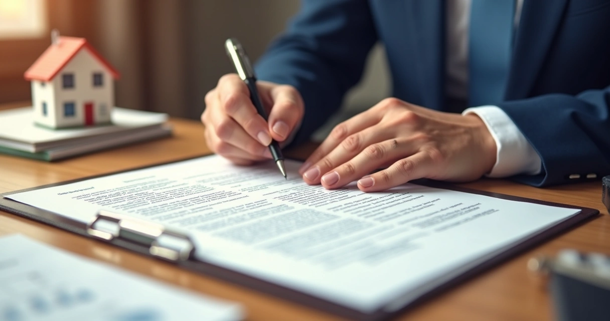 Pessoa assinando documento em cartório com modelo de planta de imóvel ao lado