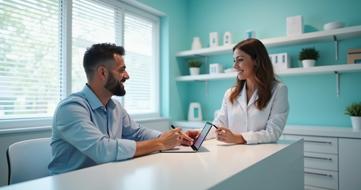 Paciente assinando consentimento digital em tablet em clínica odontológica 