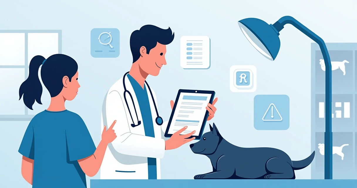 Veterinário e responsável pelo animal assinando termo digital em tablet 
